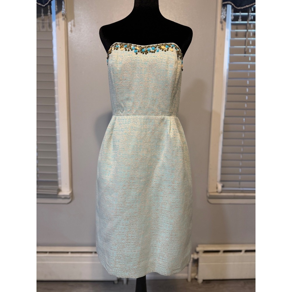 Lilly Pulitzer Strapless Beaded Cocktail Dress Aqua Gold Wedding Guest Party - Picture 2 of 12